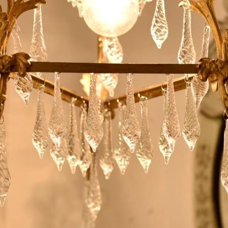 Vintage Italian Style Brass Enameled Chandelier with Twisted Icicles Crystal Drops